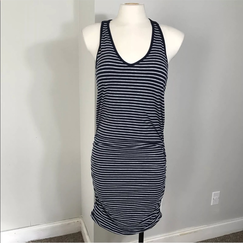 Athleta Navy Blue & White Striped Ruched Dress